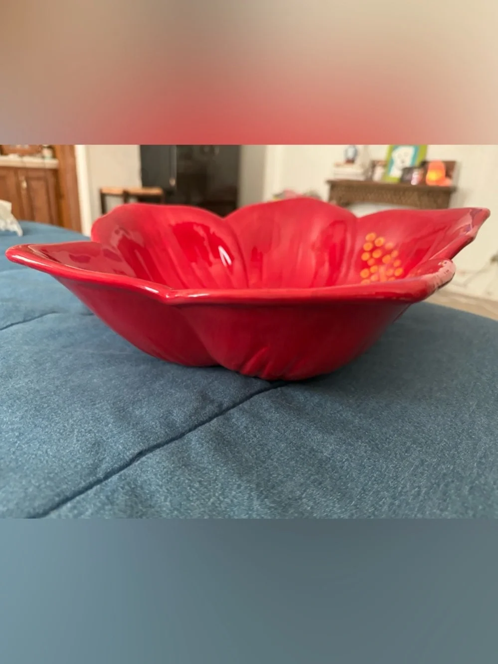 Tropical Red Hibiscus Hand-Painted Ceramic Serving Bowl - Picture 3 of 4